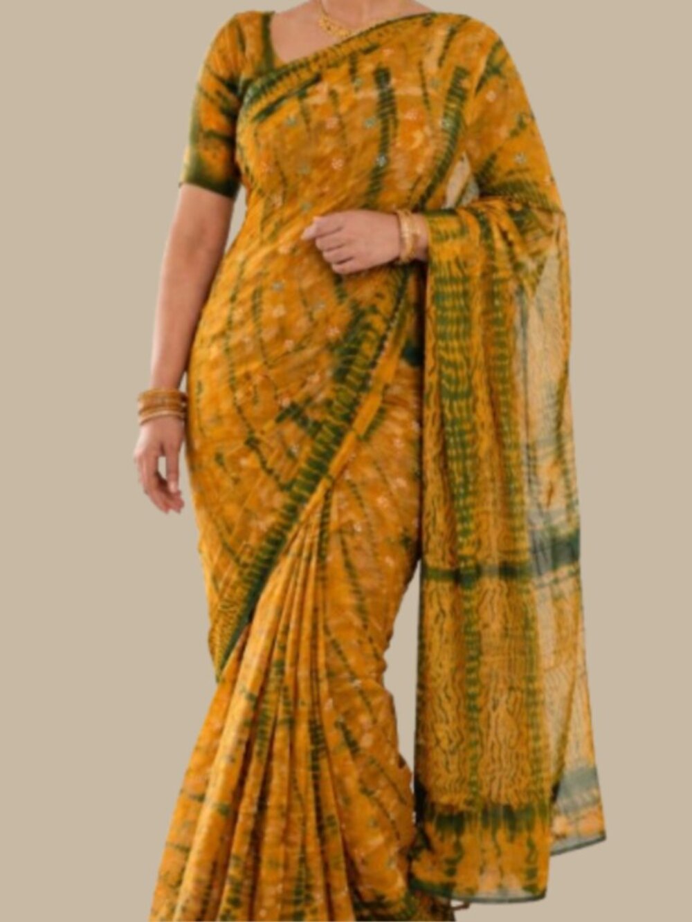 Shibori Kutch tie dye saree orange green mirror work haldi festival boho wedding